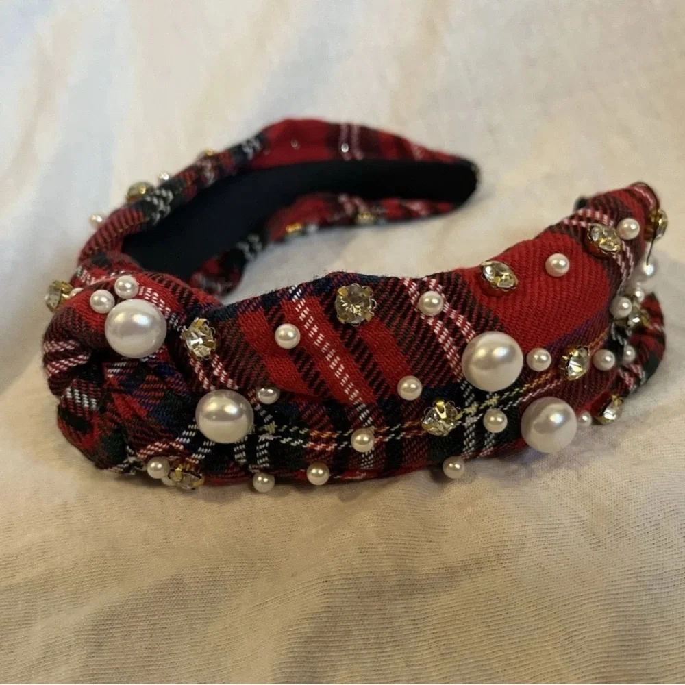 Plaid Red Headband with Faux Pearls & Rhinestones – Preppy & Chic
